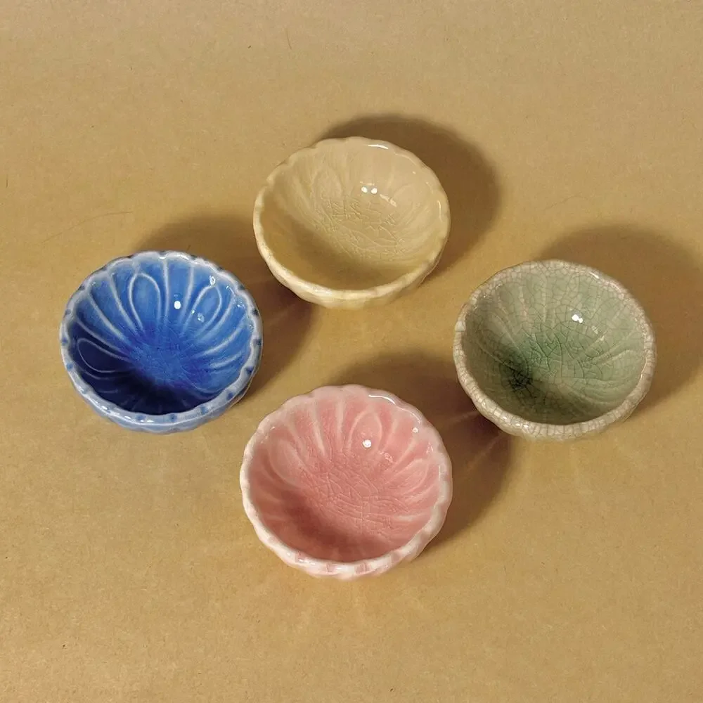 Japanese Mini Ceramic Dipping Sauce Dishes, Set of 4, Pastel Multicolor Floral